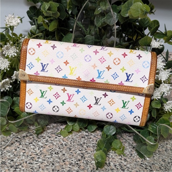 Authentic Louis Vuitton Multicolor Murakami Trifold Leather Long Wallet White - Picture 1 of 14